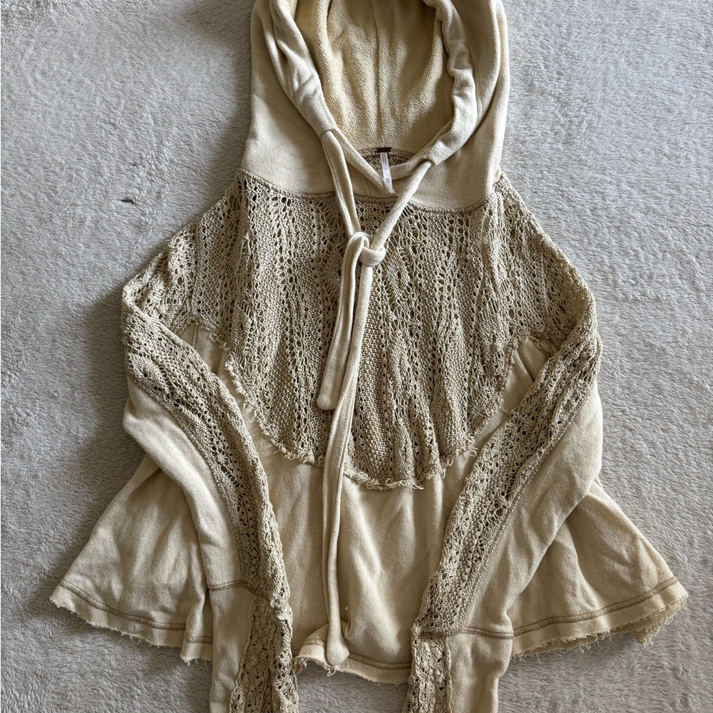 Free People Cream Knit Lace Hoodie